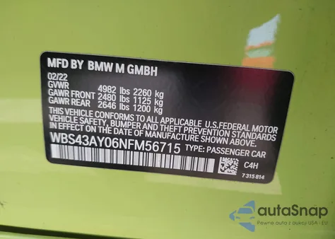 2022 BMW M3 Competition xDrive from USA, damaged, VIN WBS43AY06NFM56715